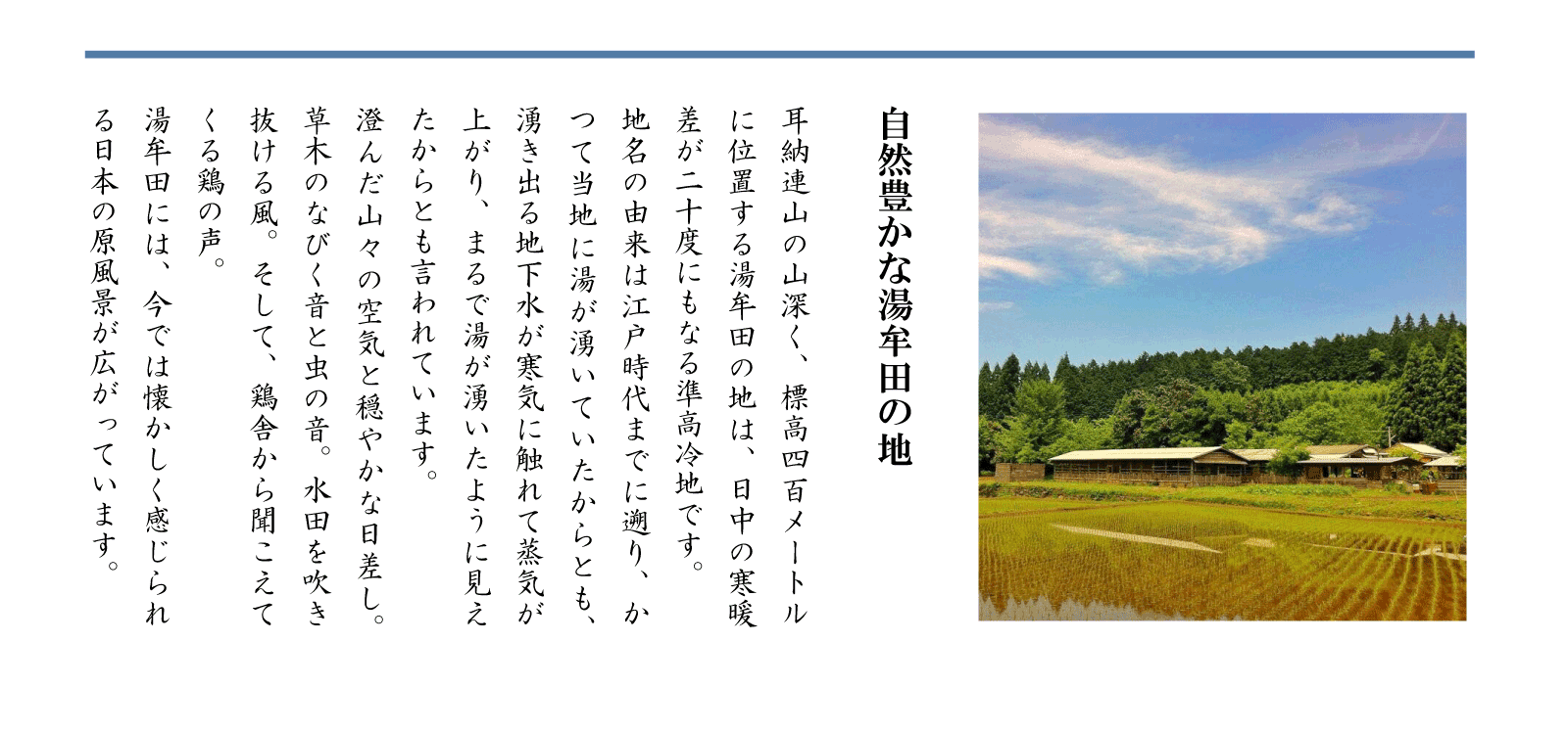 ゆむたファームは自然豊かな湯牟田の地 耳納連山 標高400メートルに位置する準高冷地 鶏の声 日本の原風景